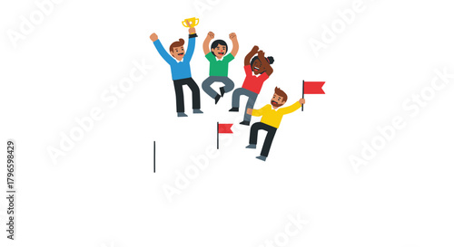 Group Of People Celebrating Victory or Success With Trophies or Flags on Black Background