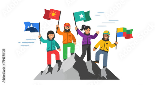Group Of People Celebrating Victory On The Summit, Holding Flags, Vector Illustration