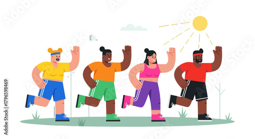 Group Of People Cheerful Running In Park Under Sun And Exercise Concept