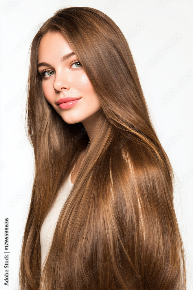 Naklejka premium Young woman smiling with long hair on a light background 