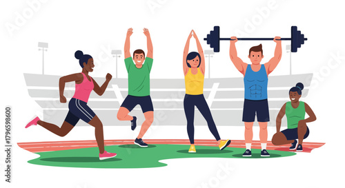 Group Of People Doing Different Exercises And Activities On A Sports Field Setting