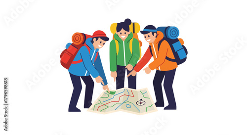 Group Of Hikers Exploring A Map Planning Their Adventure Together In The Outdoors