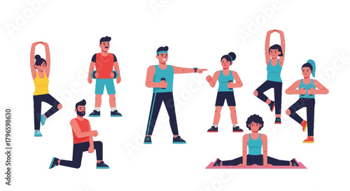 Group Of People Doing Fitness Exercises On Black Background For Workout And Health