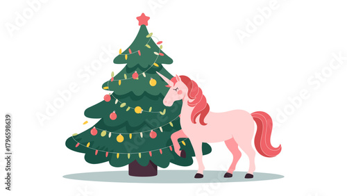Christmas Unicorn Magic: A charming unicorn stands beside a beautifully decorated Christmas tree, evoking feelings of festive cheer, dreams, and a touch of enchantment.