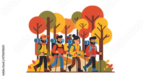 Group Of Hikers Exploring Autumn Forest With Backpacks and Trekking Poles Adventure Illustration