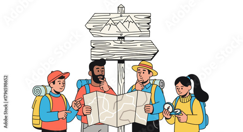Group Of Hikers Exploring Map With Directional Sign For Their Outdoor Adventure Planning