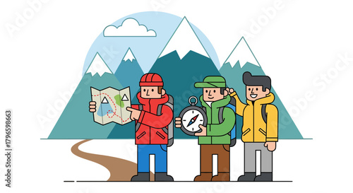Group Of Hikers Exploring Mountain Ranges With Map And Compass For Adventure
