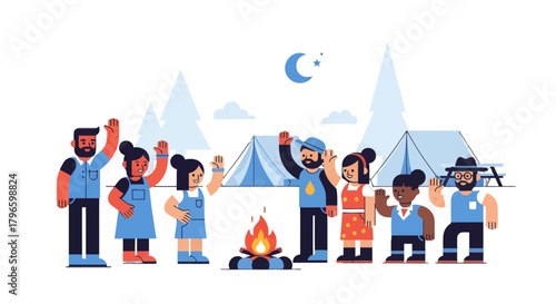 Group Of People Enjoying Camping And Bonfire Under The Moonlight, Vector Illustration
