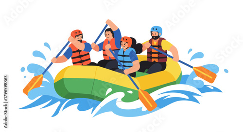 Group Of People Enjoying On A Raft In White Water Adventure Fun Together