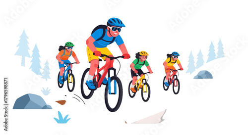 Group Of People Enjoying Mountain Biking Adventure On The Trail Against Dark Background