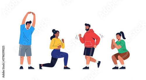 Group Of People Exercising In Various Poses, Fitness Activities Against Black Backdrop