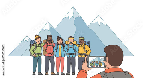 Group Of Hikers Pose For A Picture In Front Of Mountain Peaks, Capturing Adventure Moment