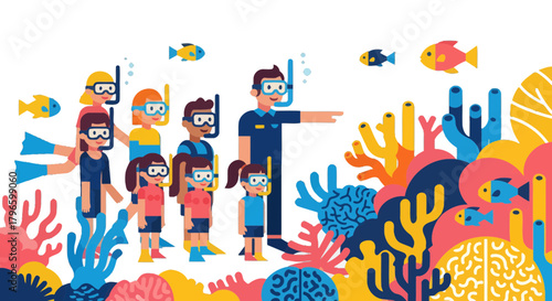 Group Of People Exploring Submerged Reefs With Colorful Coral And Fishes