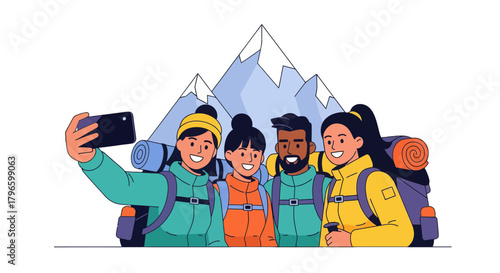 Group Of Hikers Pose for a Selfie Amidst Scenic Mountain Peaks, Smiling and Cheerful