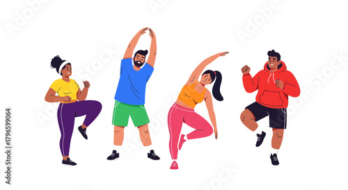 Group Of People Exercising Routines On Black Background And Healthy Lifestyle