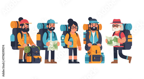 Group Of Hikers Preparing For A Journey With Maps, Backpacks, And Determination