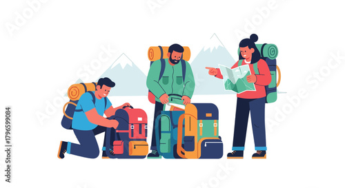 Group Of Hikers Preparing Outdoors With Backpacks And A Map For A Journey Adventure