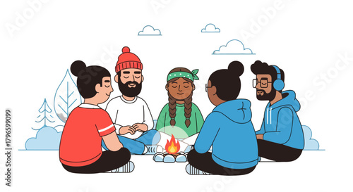 Group Of People Gathering Around Campfire For A Nighttime Illustration