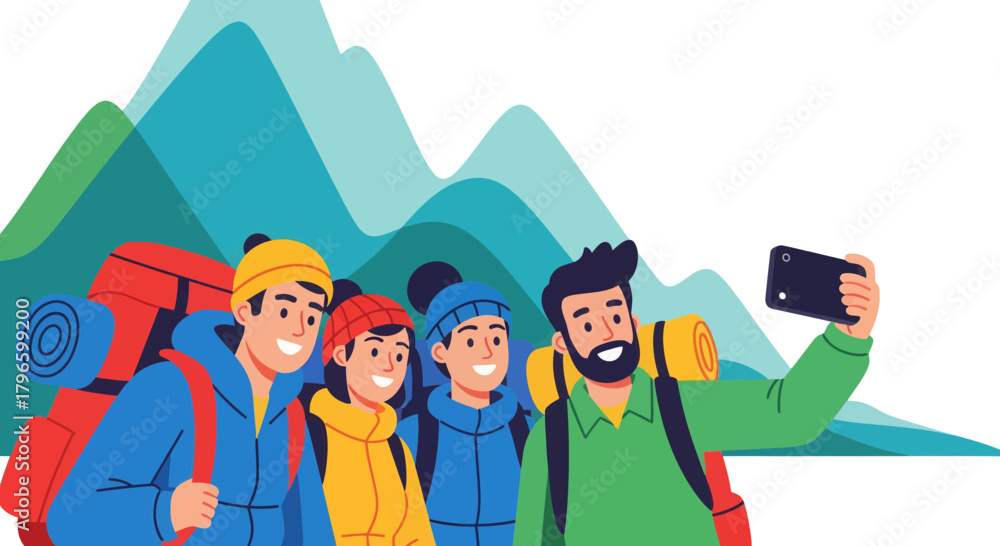 Fototapeta premium Group Of Hikers Taking A Selfie On A Mountain Peak During Their Excursion