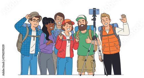 Group Of Hikers Taking Selfie Outdoors, Celebrating Adventure And Friendship Together