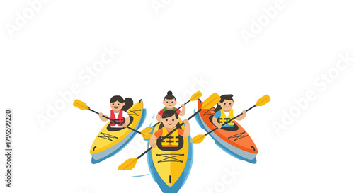 Group Of People Kayaking Together and Enjoying Summer Outdoor Adventures