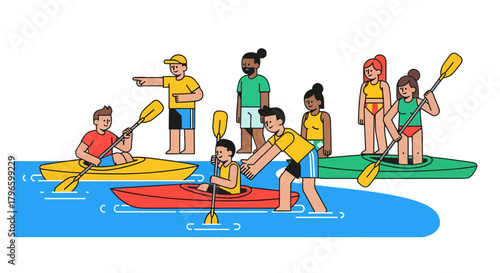 Group Of People Kayaking Together With Colorful Kayaks, Paddles And Water Sports