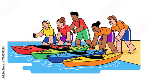 Group Of People Kayaking Together In A Bright and Colourful Illustration