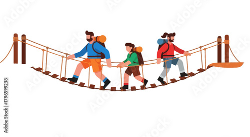 Group Of Hikers Traversing A Rope Bridge With Adventure And Hiking Backpacks