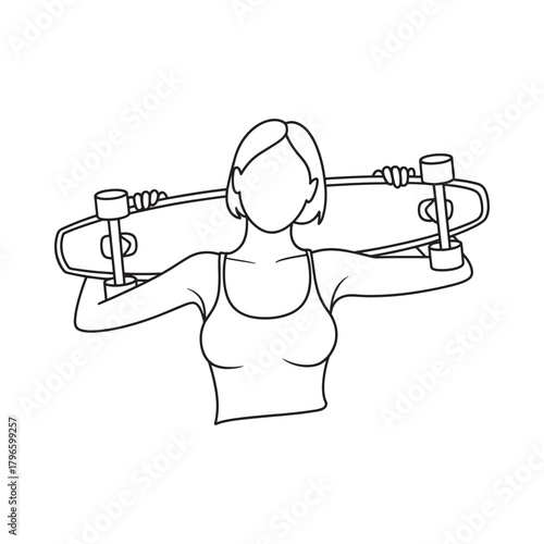 Woman holding a skateboard over her shoulders in a sketch style
