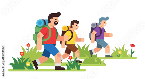 Group Of Hikers Traversing A Scenic Trail, Backpacking In A Stunning Natural Landscape