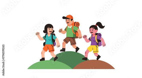 Group Of Hikers Traversing A Green Hillside Against A Stark Black Backdrop