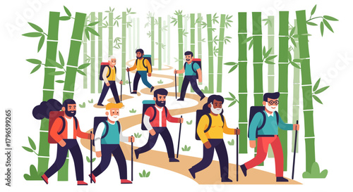 Group Of Hikers Traversing A Bamboo Forest On A Nature Trail Adventure