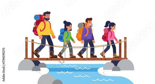 Group Of Hikers Traversing Across A Rustic Bridge Over A Serene River Passage