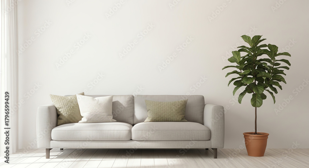 Fototapeta premium Couch and plant in bright modern interior