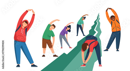 Group Of People Performs Stretching Exercises Before An Outdoor Recreational Activity