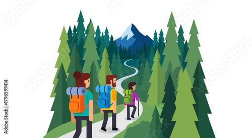 Group Of Hikers Traversing Mountain Trail Through A Verdant Forest Environment