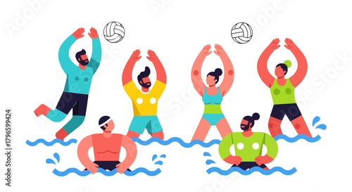 Group Of People Playing Volleyball In The Water Against a Black Background