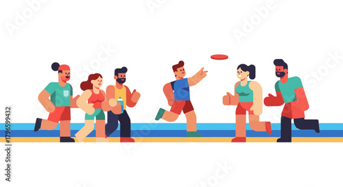 Group Of People Playing Frisbee Outdoors At Sunset Geometric Design Illustration