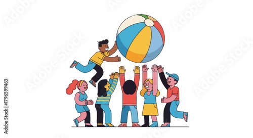 Group Of People Playing With Beach Ball, Having Fun Together In Summer Time