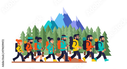 Group Of Hikers Traversing Mountainous Terrain Amidst Verdant Forest and Majestic Peaks