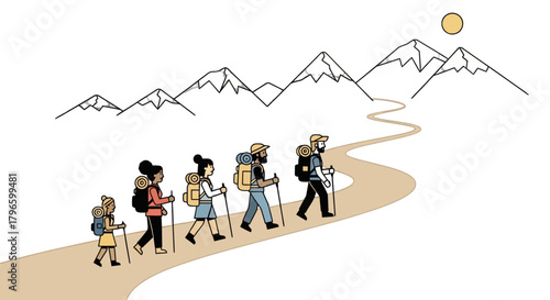 Group Of Hikers Traversing Mountainous Terrain Beneath A Moonlit Sky