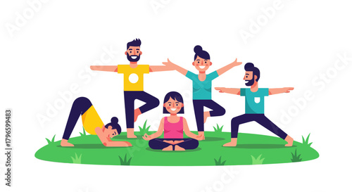 Group Of People Practicing Yoga On A Green Patch Against Black Background