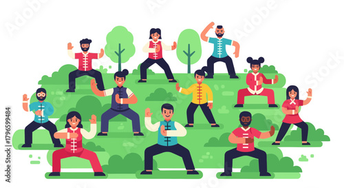 Group Of People Practicing Tai Chi Outdoors In A Lush Park Setting