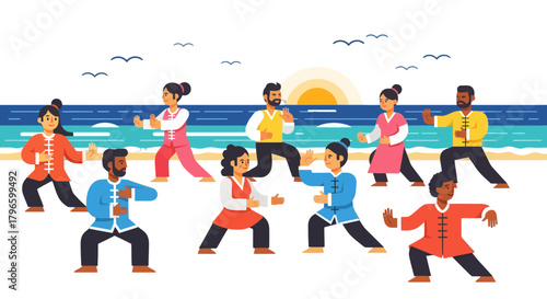 Group Of People Practicing Tai Chi On The Beach At Sunset Peaceful Scene