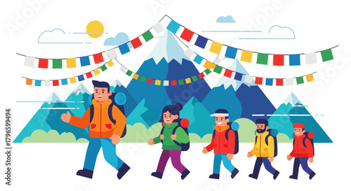Group Of Hikers Traversing Mountainous Terrain Beneath Colorful Prayer Flags