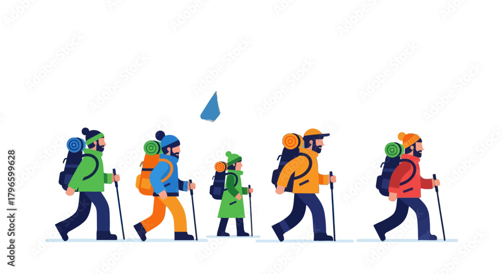 Fototapeta premium Group Of Hikers Traversing Mountainous Terrain Under A Clear Sky, Illustrated