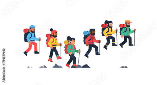Group Of Hikers Traversing Rocky Terrain, Illustrated With Colorful Outfits