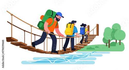 Group Of Hikers Traversing Rope Bridge In An Illustrated Scenery Background