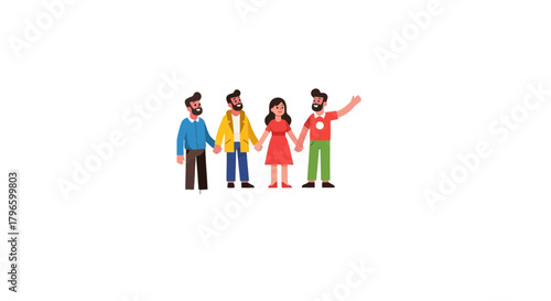 Group Of People Standing Together, Holding Hands On A Black Background Design Illustration