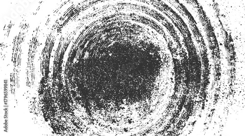 Black ink circular brush strokes and speckles on white background abstract